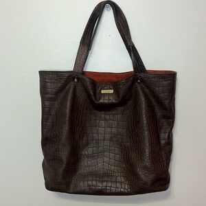 KATE SPADE Brown Leather Tote Bag Purse With Red Interior